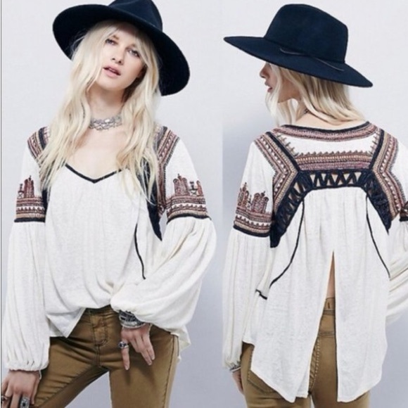 Free People Tops - [S]Free People Blouse Snow Kisses with Embroidery Boho White Black Eyelets